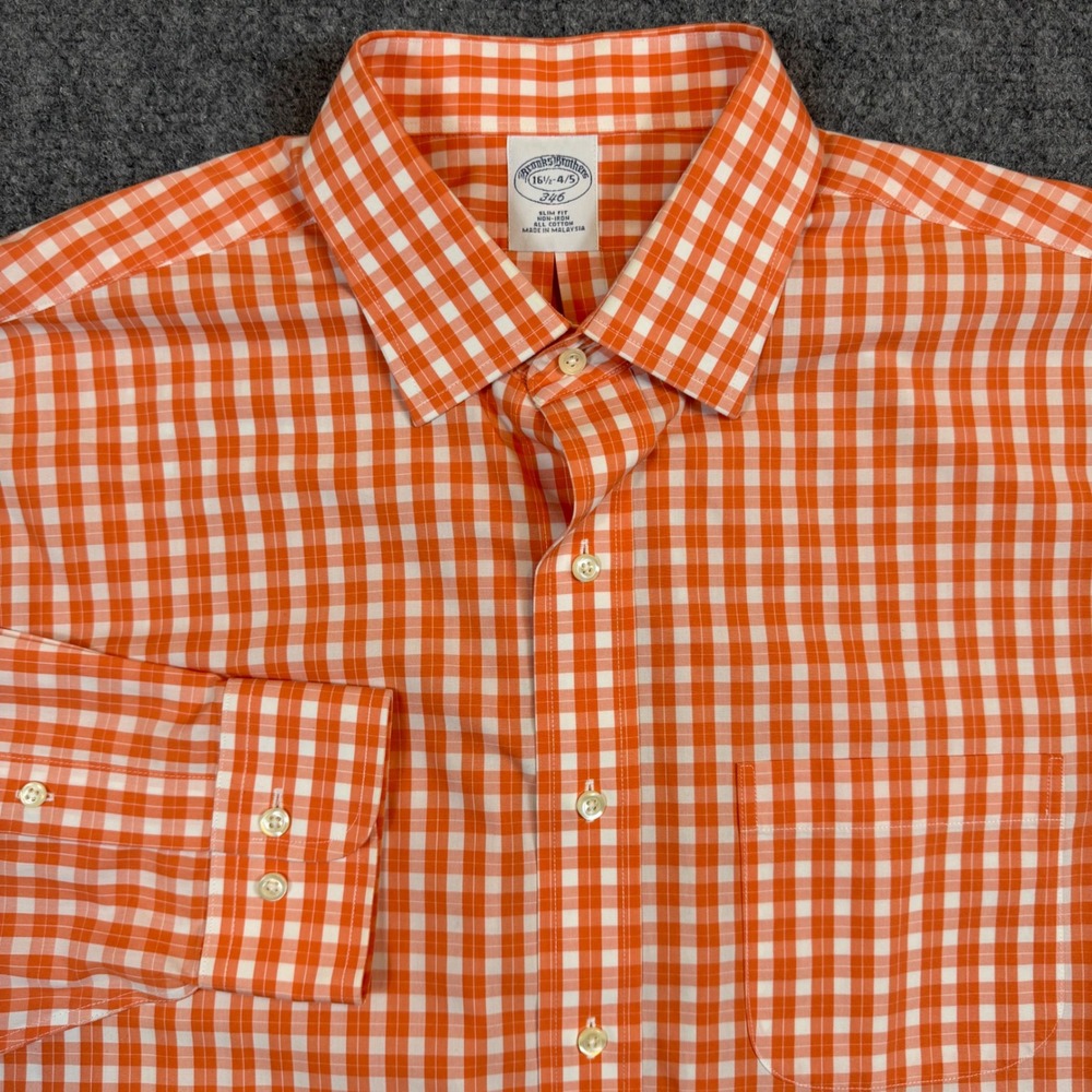 Brooks Brothers 346 Mens 16.5 4/5 Orange Gingham Slim Fit Non-Iron Cotton Shirt